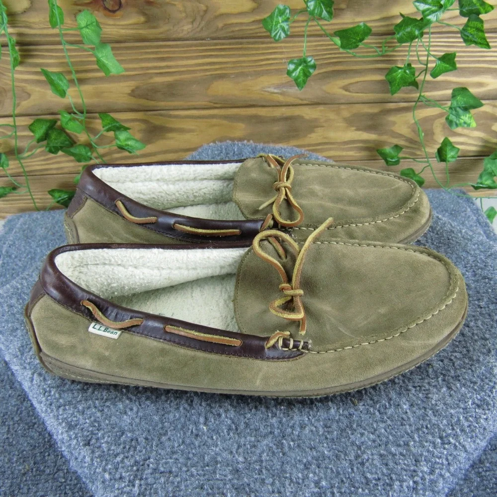 LL Bean Shoe Mens 12‎ Brown Moccasin Suede Shearling Lining Cozy